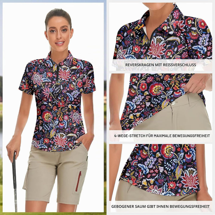 Soneven Poloshirt für Damen Kurzarm Sportshirt mit 1/4 Reissverschluss Sport Tshirts Schnelltrocknen