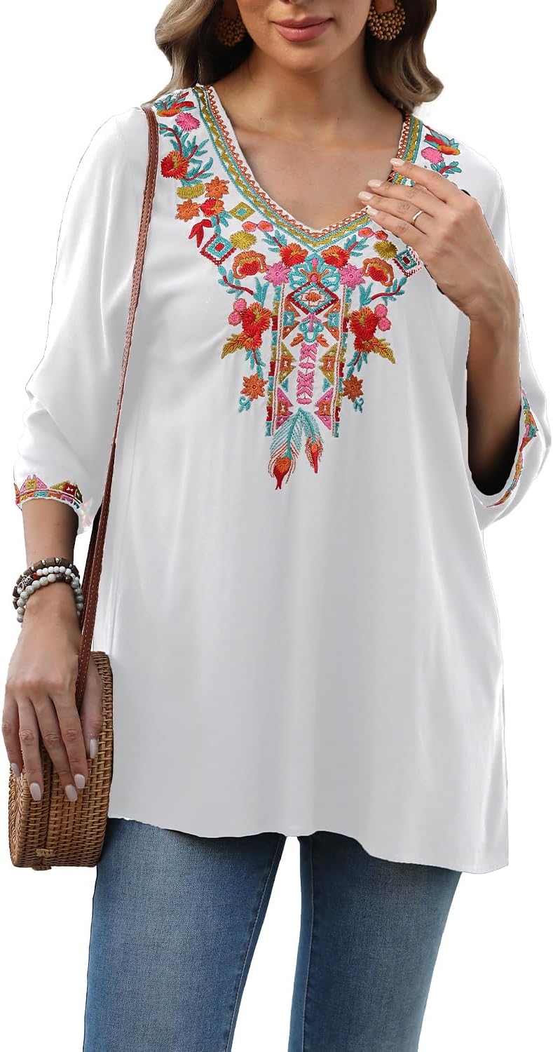 Seasonal Boho Tunika Damen Sommer Mexikanische Blumen Bestickt V-Ausschnitt Top 3/4 Ärmel Hippie Los