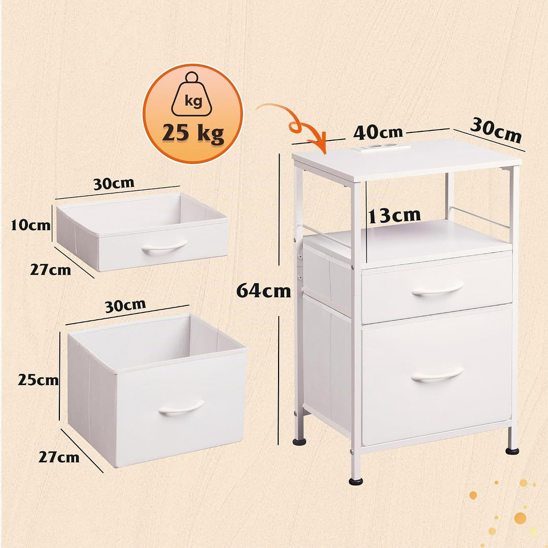 WLIVE Nachttisch Weiss mit Steckdose, Beistelltisch mit 2 Stoff-Schubladen und Ablage, Metallrahmen,