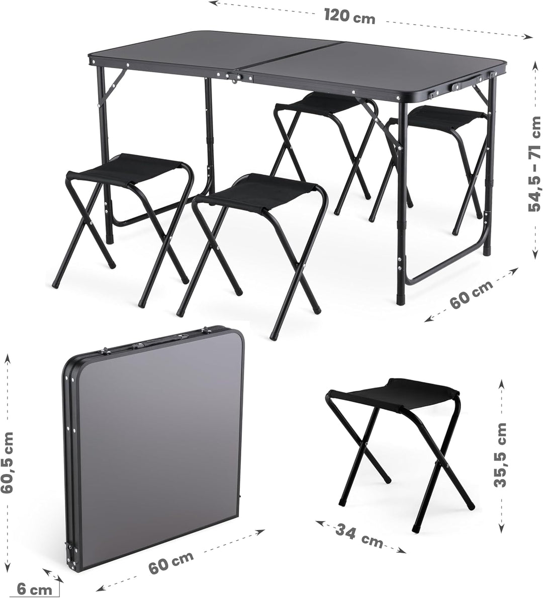 Campingtisch mit 4 stühlen, Verstellbare Höhe Tragbarer Klappbar Grilltisch 120 x 60 cm mit Tragegri