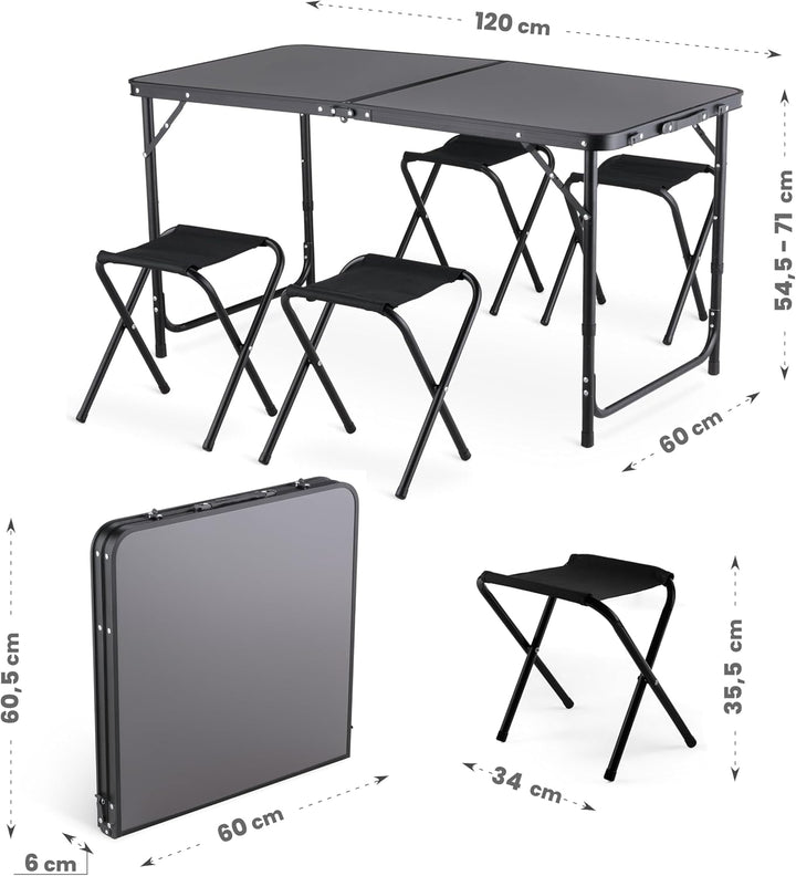 Campingtisch mit 4 stühlen, Verstellbare Höhe Tragbarer Klappbar Grilltisch 120 x 60 cm mit Tragegri