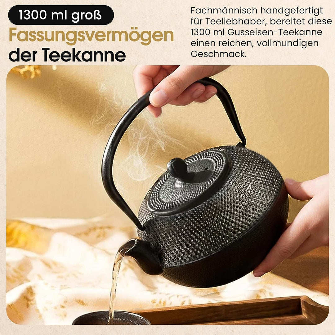 DIMONO® Japanische Teekanne aus Gusseisen 1300ml inkl. Edelstahl Sieb | Hält Tee extra lange warm, a