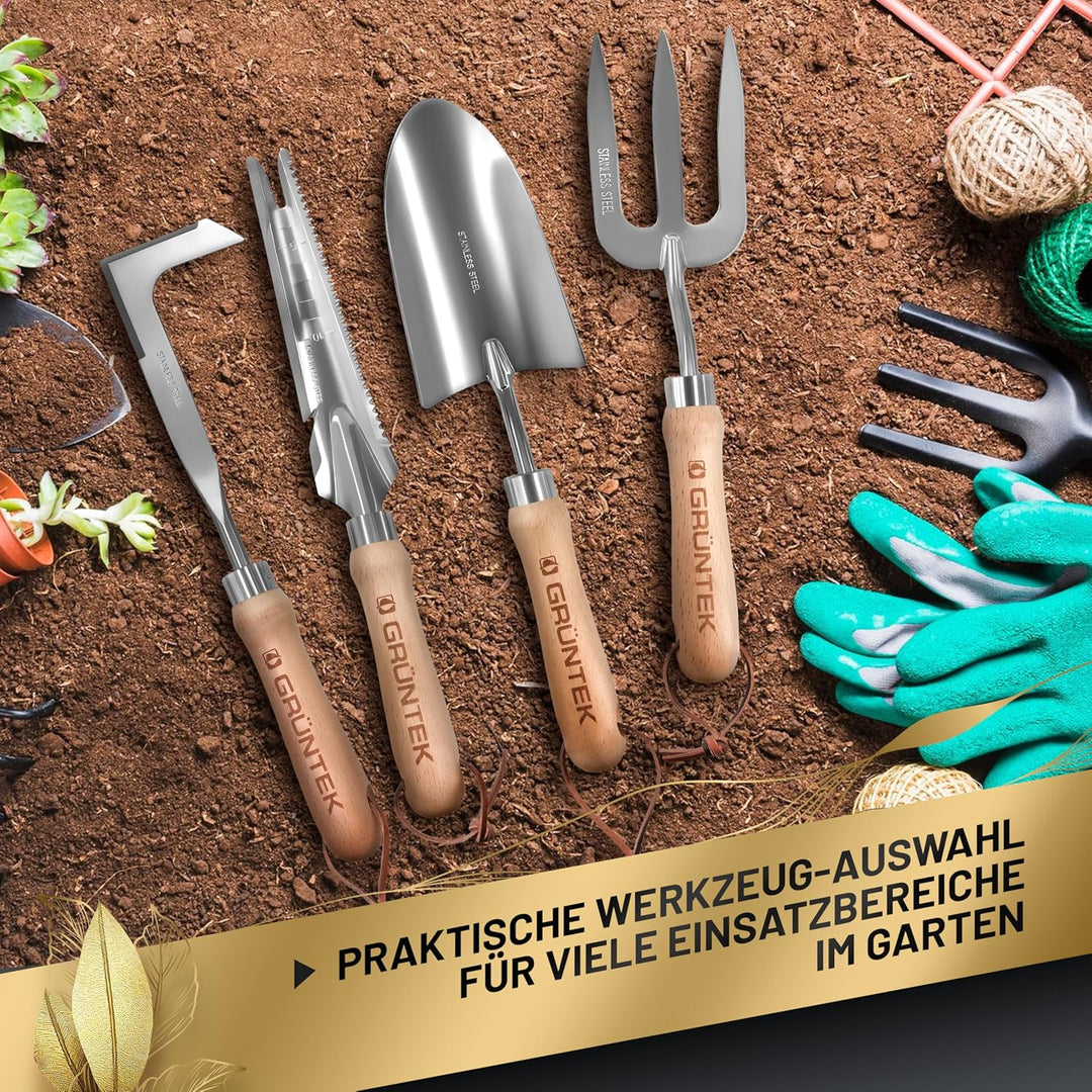 GRÜNTEK 4-TLG Gartenwerkzeug-Set, Premium Gartengeräte, besonders Stabiler Edelstahl, Rutschfester E