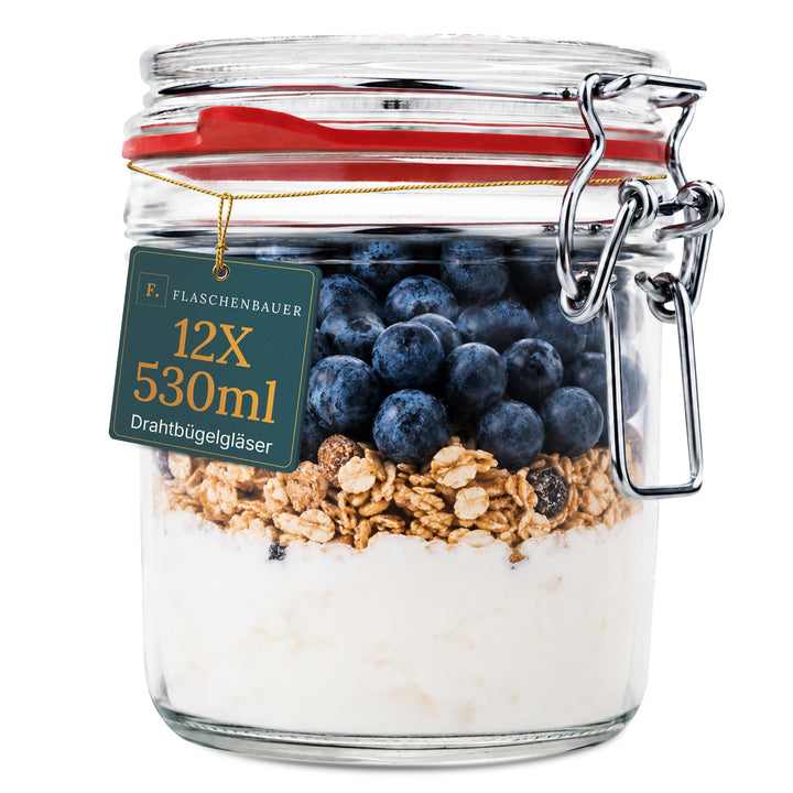 Flaschenbauer - 12er Set Drahtbügelgläser 530ml - Vorratsglas mit Dichtungsringen inkl. Etiketten, E