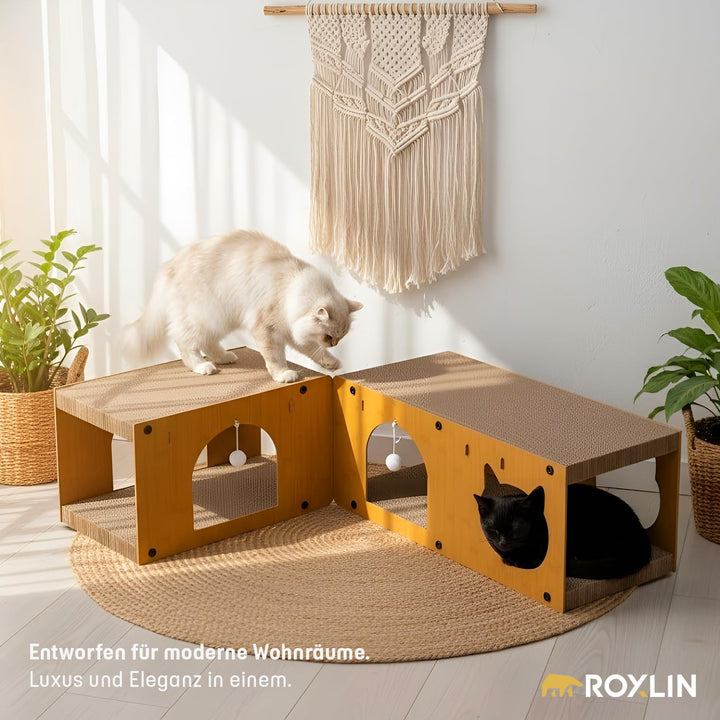 Katzen TV-Möbel, Holzdesign in Gelb, Kratzfläche mit Katzenhöhlen, Modernes Katzenspielzeug für Wohn
