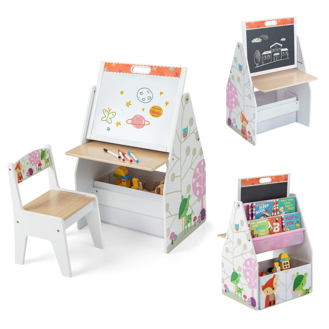 GOPLUS Kinderstaffelei Spieltisch mit Stuhl, Kindertisch und Stuhl-Set mit drehbarer doppelseitiger
