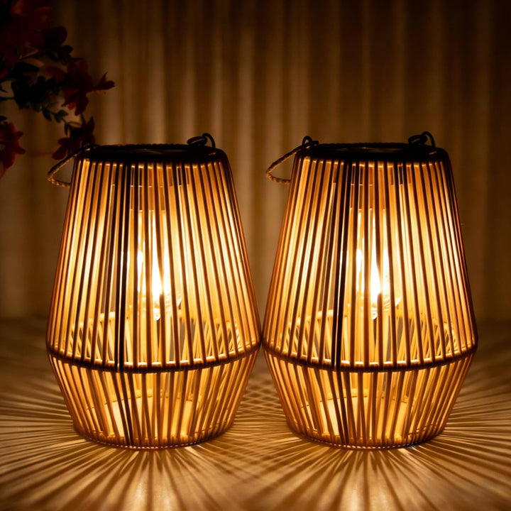 Solar Laternen für Aussen, 2 Stück Handgewebtes Rattan Solarlampen für Aussen Hängend, IP65 Wasserdi