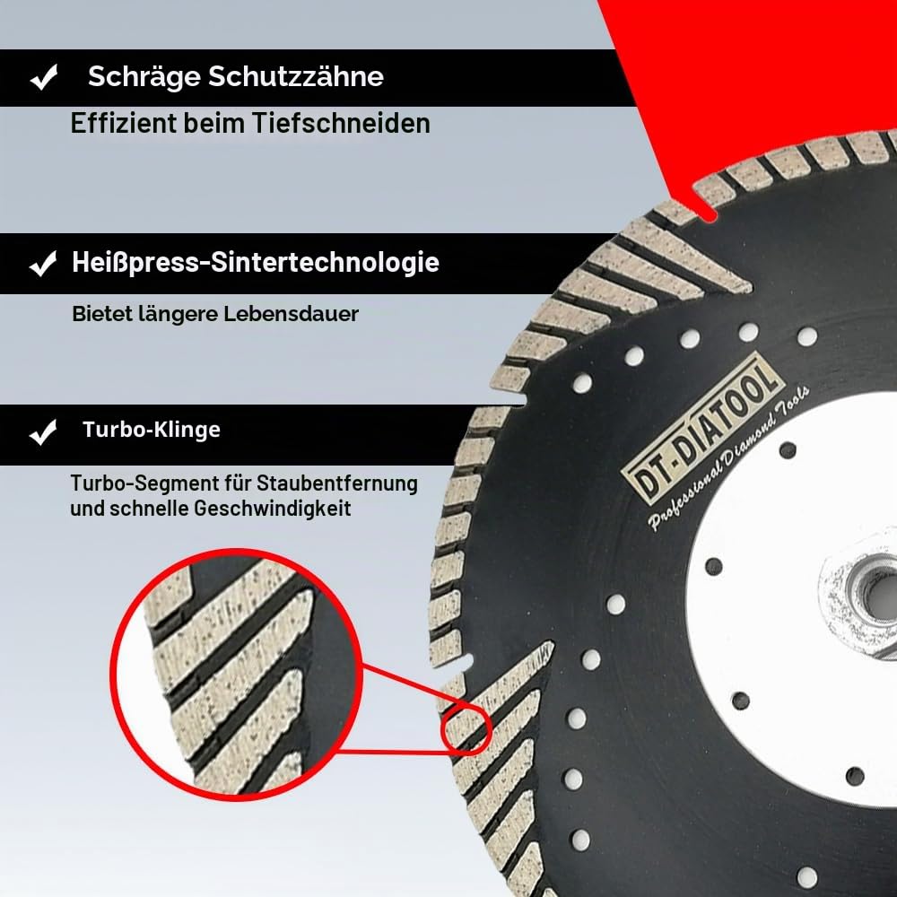DT-DIATOOL Diamant Trennscheibe 180 mm x M14 Turbo Sägeblatt mit Schutzzähne zum Schneiden Schleifen