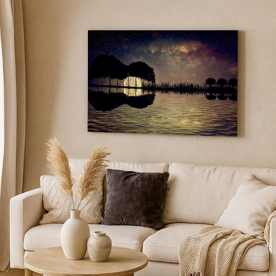 Bilder auf Leinwand 100x70cm Leinwandbild mit Rahmen See Nacht Wasser Gross Wanddeko Bild Schlafzimm