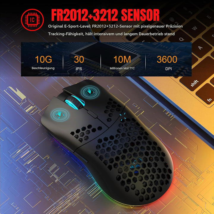 T66 PC Gaming Mouse, BT/2.4G Wireless/Wired, Lightweight Honeycomb Shell, Macro Program, Cool RGB Li