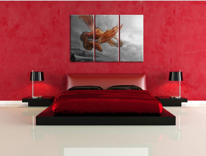 Pixxprint Roter Schlangendrache als Leinwandbild/Grösse: 3 Teilig (120x80) cm/Wandbild/Kunstdruck/fe