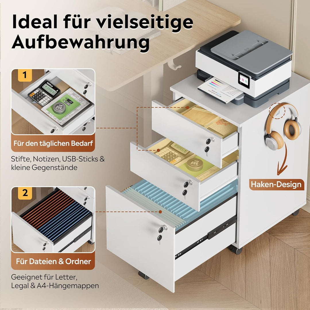 DEVAISE Rollcontainer mit 3 Schubladen, Mobiler Aktenschrank mit Rollen, Druckertisch für DIN A4/Leg