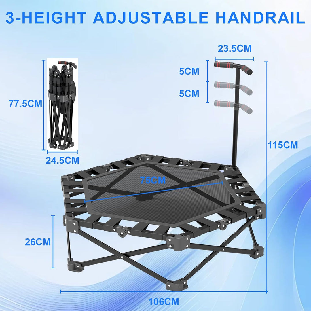 Mini Trampolin Klappbar, Fitness Trampolin Indoor mit Verstellbarem Griff, Minitrampolin für Erwachs