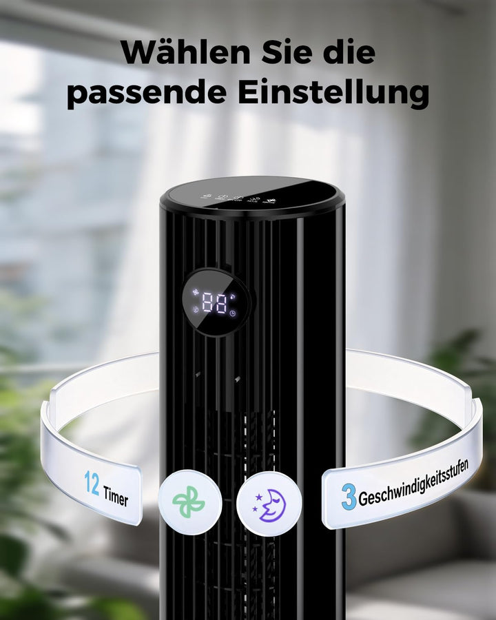 YASHE Turmventilator mit Fernbedienung, 85°-Oszillation, leiser Standventilator (28 dB), 3 Geschwind