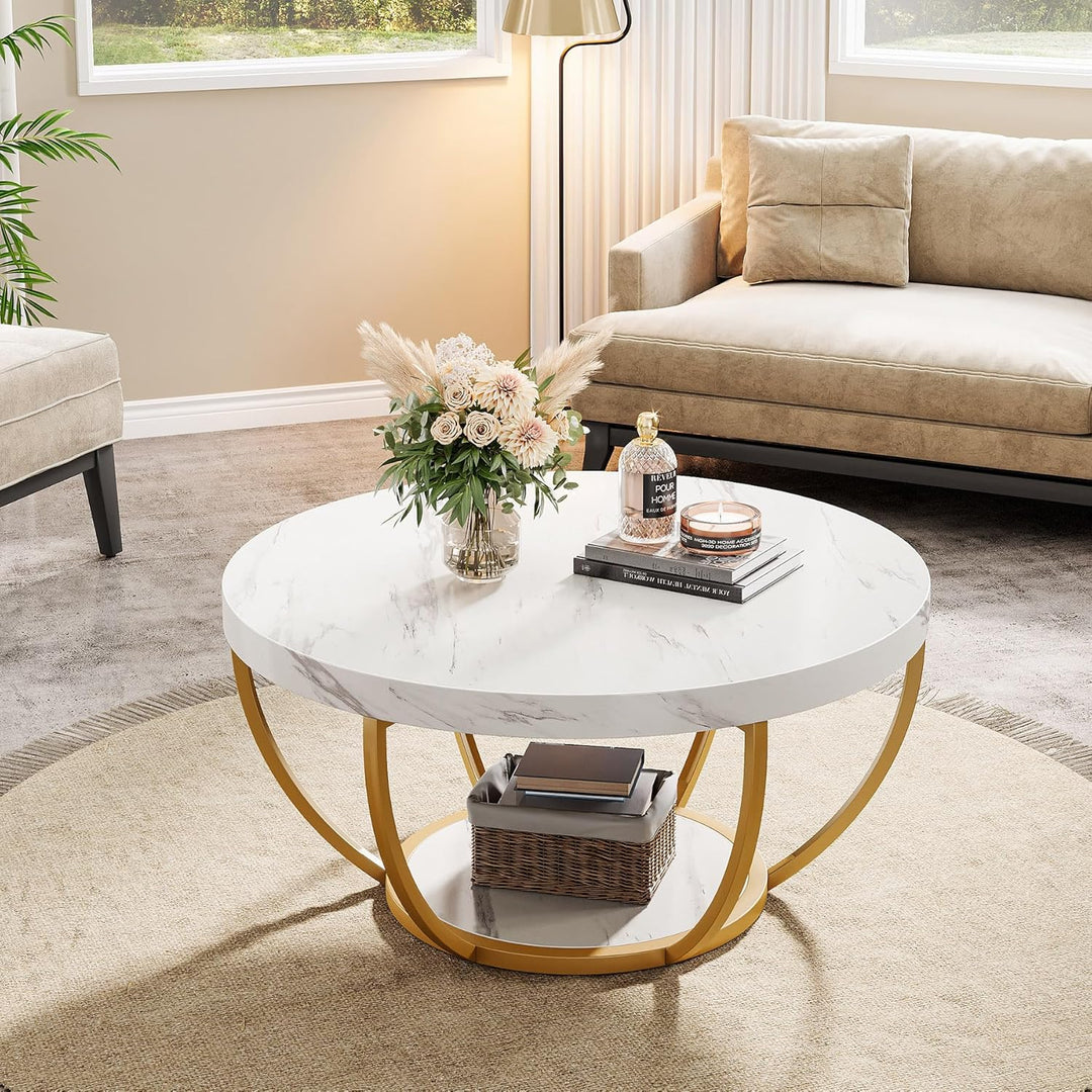 Tribesigns moderner runder Couchtisch, 2-stöckiger Couchtisch mit weissem Marmor und goldenen Metall