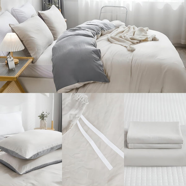 Freyamy Wendbar Bettwäsche 220x240cm 3teilig Beige GrauUnifarben Uni Wendebettwäsche Gewaschene Micr