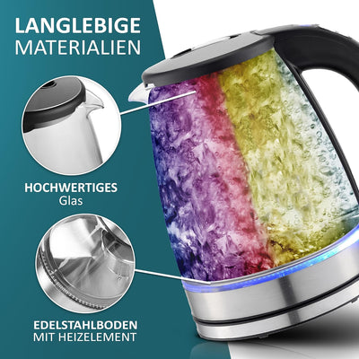 Glas Wasserkocher 1,8 Liter | 2200 Watt | Edelstahl mit Temperaturwahl | Teekocher | 100% BPA FREI |