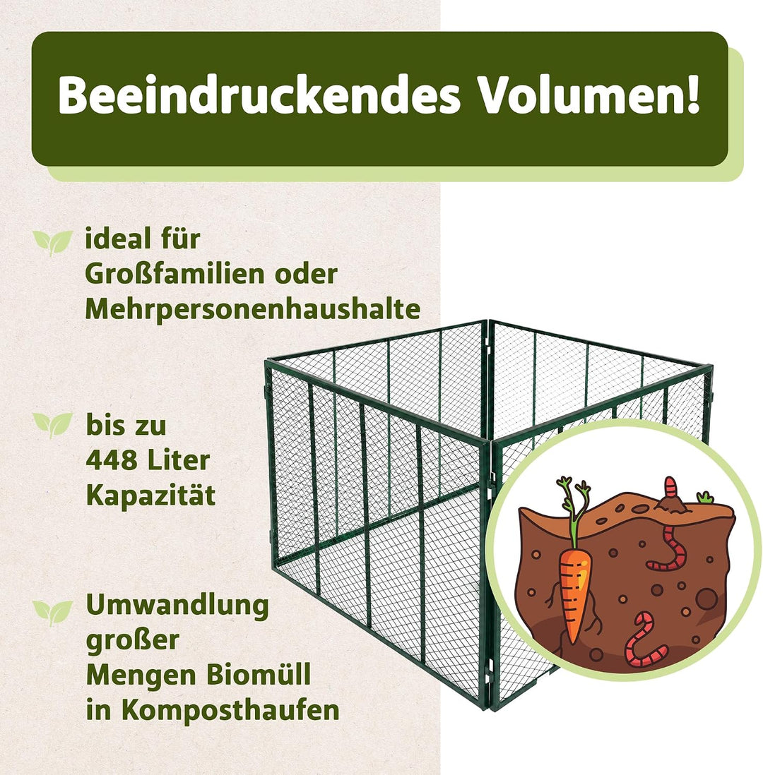 NATIV Garten Komposter grün 80x80x70 cm mit Deckel, Metallkomposter mit 448 Liter Volumen, Drahtkomp