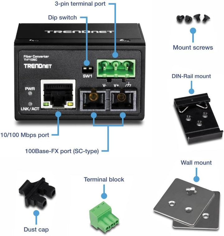 TRENDnet TI-F10SC Gehärteter Industrieller 100Base-FX Multi-Modus SC Glasfaser-Konverter, (2km / 1.2