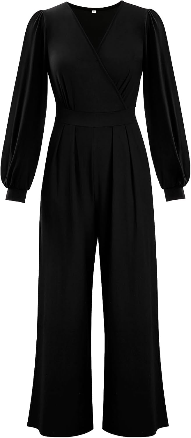 Tanmolo Damen Lang Jumpsuit Langarm V-Ausschnitt Overall Elegant Hosenanzug Weites Bein Romper Mit T