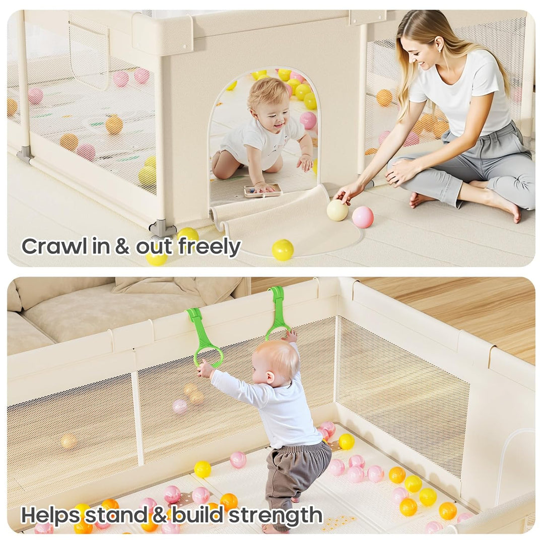 Laufstall Baby mit Matratze - 150×180cm Grosser Baby Laufstall mit Netzseiten, Laufstall XXL mit rut