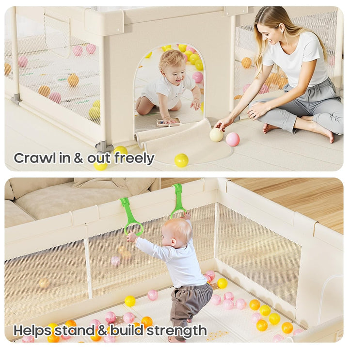 Laufstall Baby mit Matratze - 150×180cm Grosser Baby Laufstall mit Netzseiten, Laufstall XXL mit rut