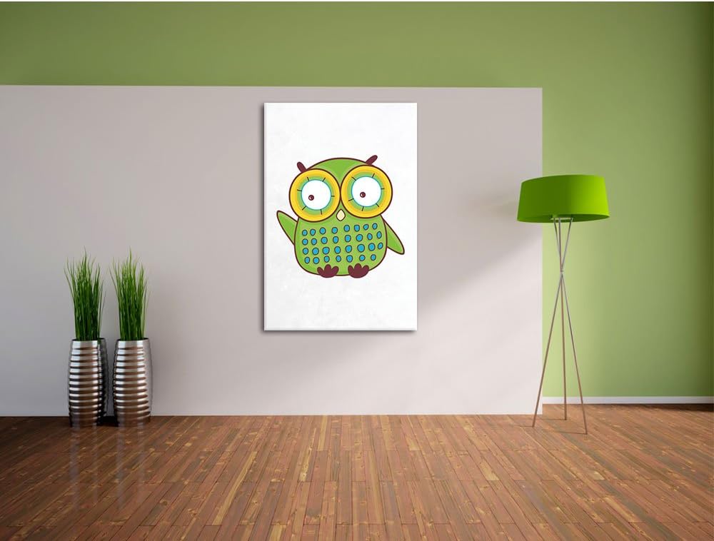 Pixxprint Lustige grüne Eule winkend weiss, Format: 70x100 auf hochkantiges Leinwandbild, XXL riesig