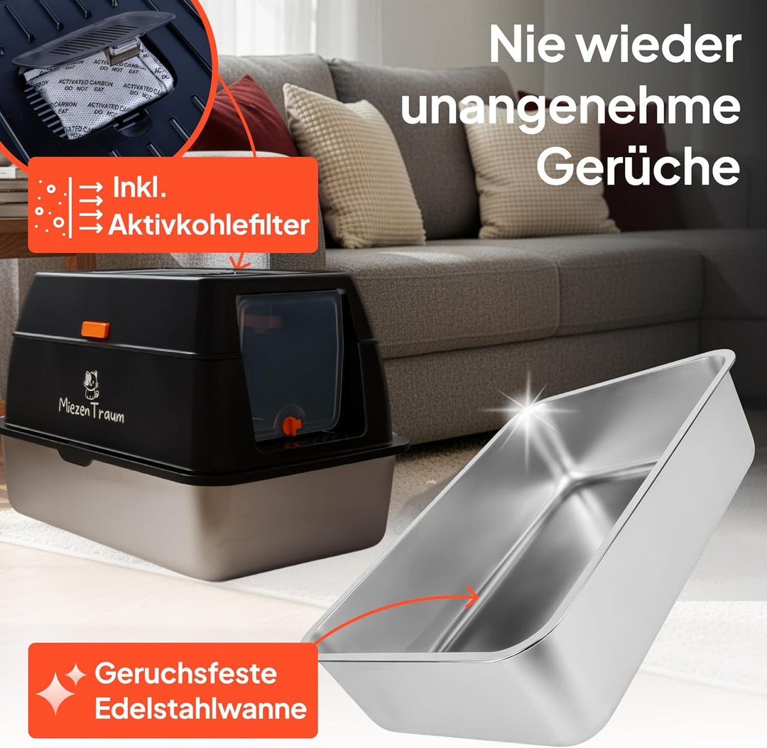Edelstahl Katzenklo XXL - Grosse Geschlossene Katzentoilette mit Deckel, Premium Schaufel & Ergonomi
