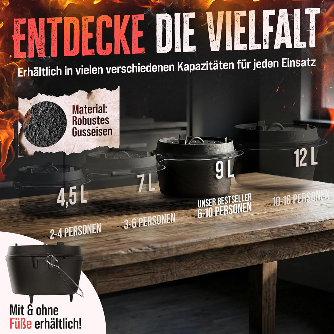 AMZBBQ® Premium Dutch Oven – Doppelt Eingebrannter Gusseisen Feuertopf – Rostbeständiger Schmortopf