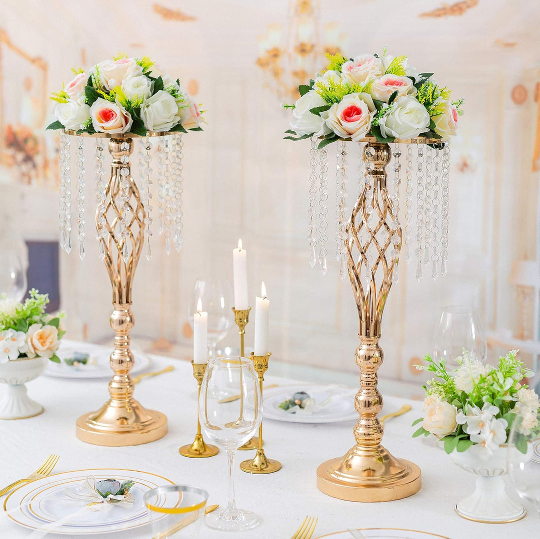 Sziqiqi 2 Stück Hochzeitsvase für Tische, 55 cm Hohe Metall-goldvasen mit Kristallperlenkette für Ho