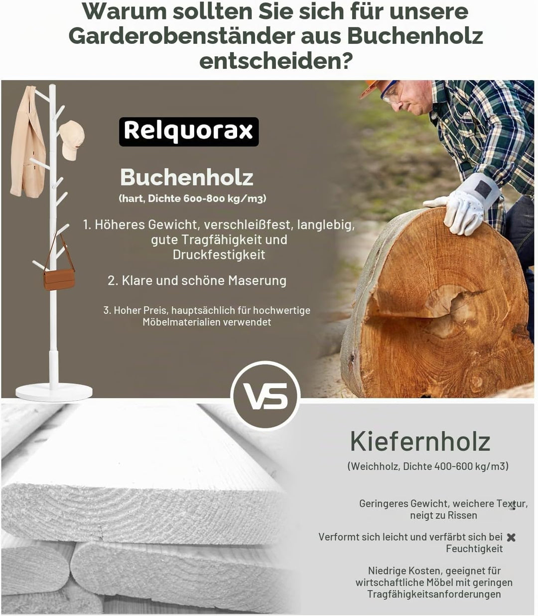 Garderobenständer, Kleiderständer aus Buchenholz Massivholz in Baumform für Kleidung, 9 Haken, 185 x