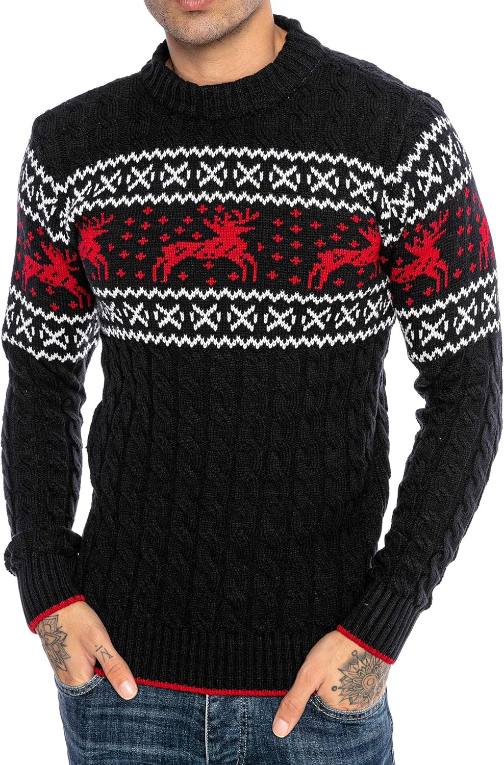 Red Bridge Herren Strickpullover Norweger Pullover Slim-Fit Plait Reindeer M Blau, M Blau