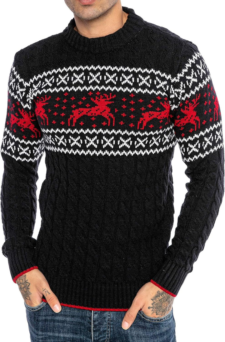 Red Bridge Herren Strickpullover Norweger Pullover Slim-Fit Plait Reindeer M Blau, M Blau