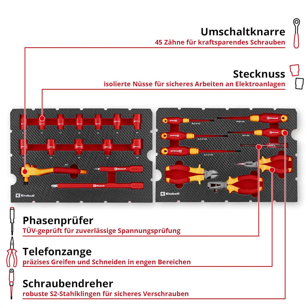 Original Einhell VDE Werkzeugkoffer Elektriker-Werkzeuge E-Case 24-tlg. (IEC 60900 geprüft, Zangen-S