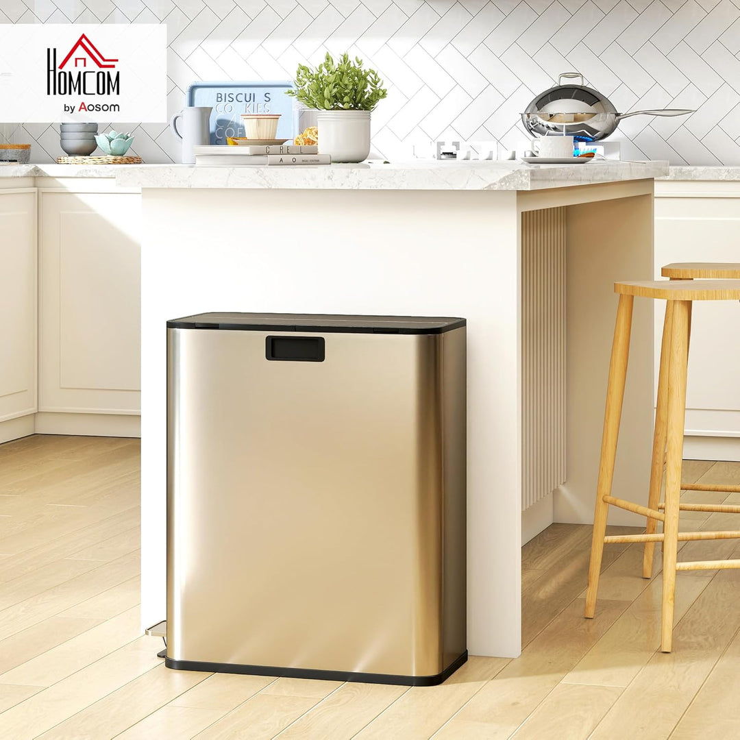 HOMCOM Küchenmülleimer Soft-Close-Schmetterlingsdeckel 2 x 28L Silberton | Edelstahl-Tretmülleimer,