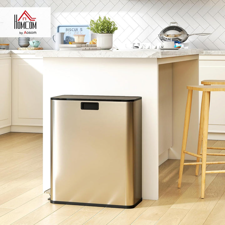 HOMCOM Küchenmülleimer Soft-Close-Schmetterlingsdeckel 2 x 28L Silberton | Edelstahl-Tretmülleimer,