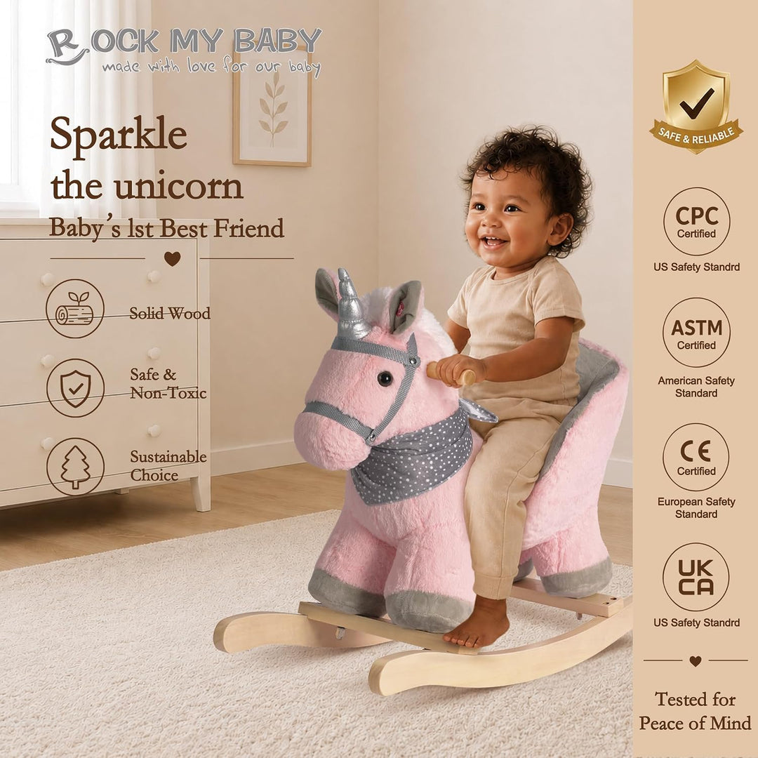 Plüsch Rocking Horse - weicher gefüllter Körper, Sicherheitssitz Stuhl, Holz Rockers, Musikknopf - K