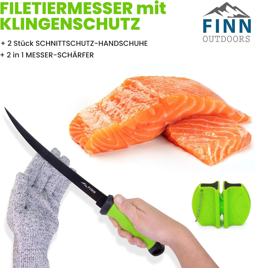 FINN Outdoors Filetiermesser Set Edelstahl Angelmesser, Fischmesser, Ausbeinmesser mit 2in1 Messersc