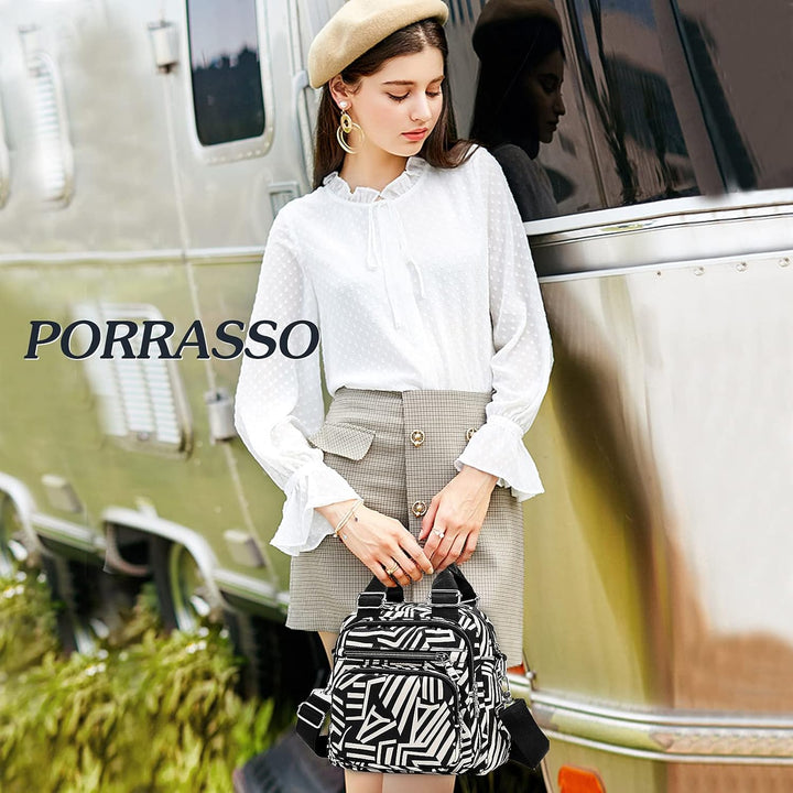 PORRASSO Damen Umhängetasche Kleiner Rucksack Casual Schultertasche Multi Tasche Nylon Handtasche Ru