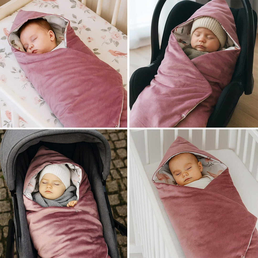 Baby Einschlagdecke Doppelseitig 86x86 cm Baumwolle-Velours für Kinderwagen und Babybett (Rosa Velou