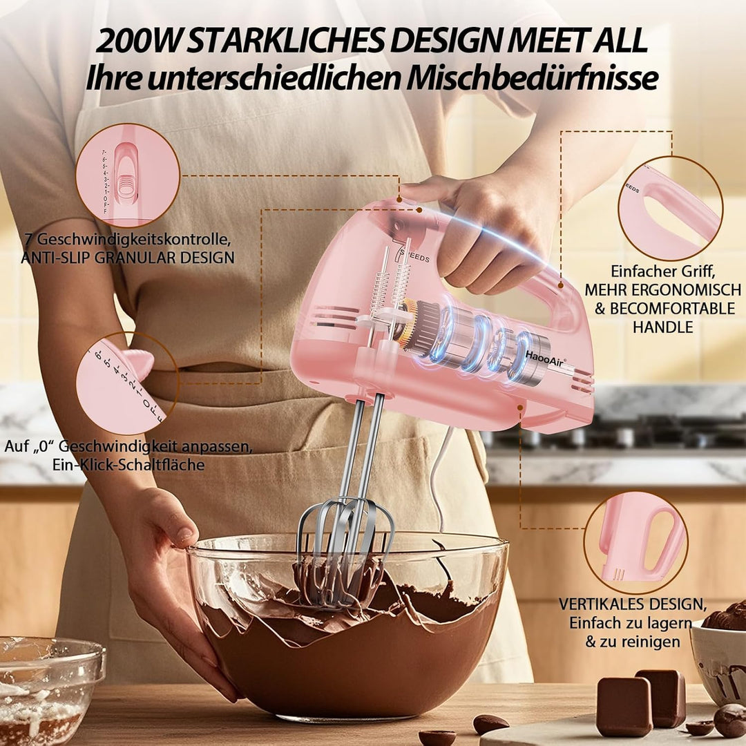 Handmixer, 7-stufig einstellbarer Küchenmixer, 304 Edelstahl-Zubehörteile (1X Schneebesen, 2X Knetha