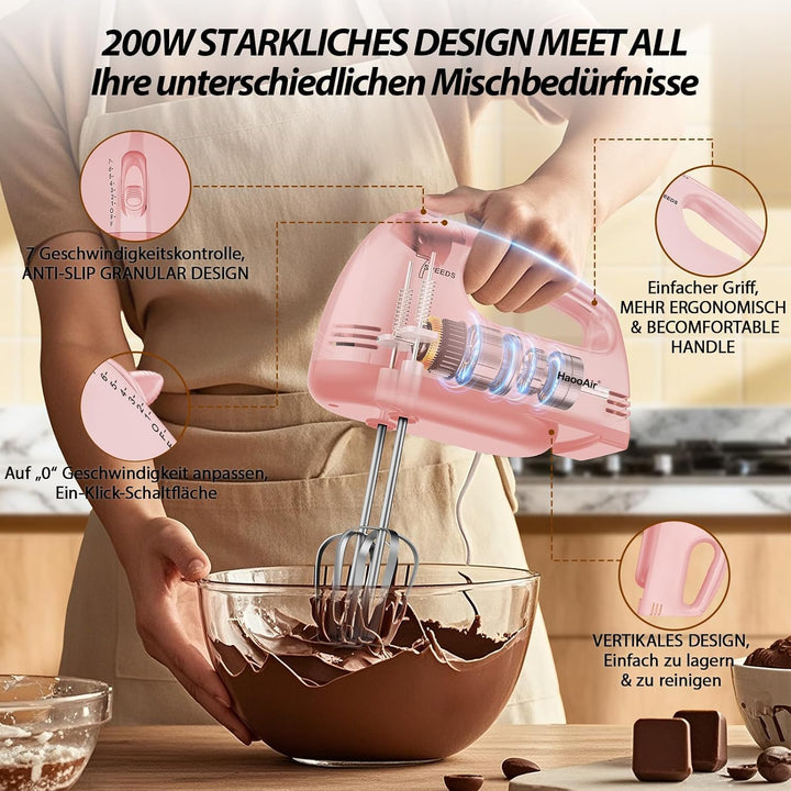 Handmixer, 7-stufig einstellbarer Küchenmixer, 304 Edelstahl-Zubehörteile (1X Schneebesen, 2X Knetha