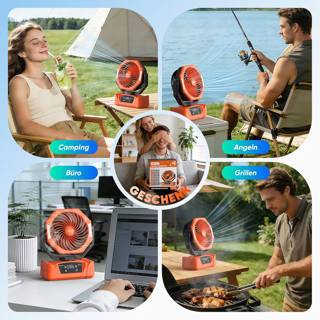 Camping Ventilator mit 24000mAh Akku Wiederaufladbar, HD Digitalanzeige |USB| LED-Licht| Timer, 6 Ge