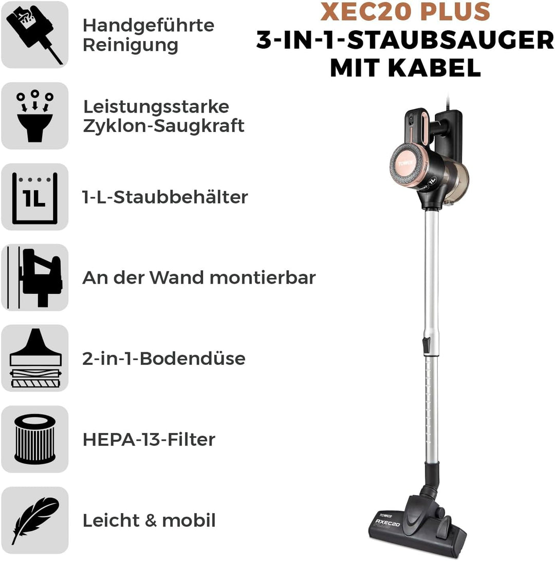 Tower T513005BLG Pro 3-in-1 Staubsauger mit Kabel, Zyklon Saugkraft, Integriertem HEPA-13-Filter und