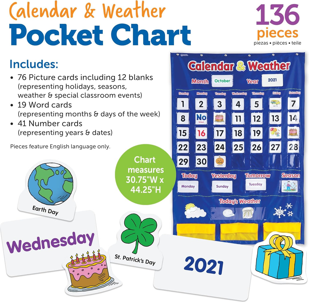 Learning Resources Kalender & Wetter Taschenplan, Klassenzimmer-Organisation, 136 Stück, mehrfarbig,