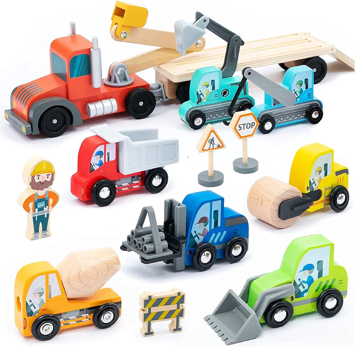 umu® Holz Baufahrzeug Transporter Spielset für Kinder kompatibel mit Brio World Eisenbahn Sets & And