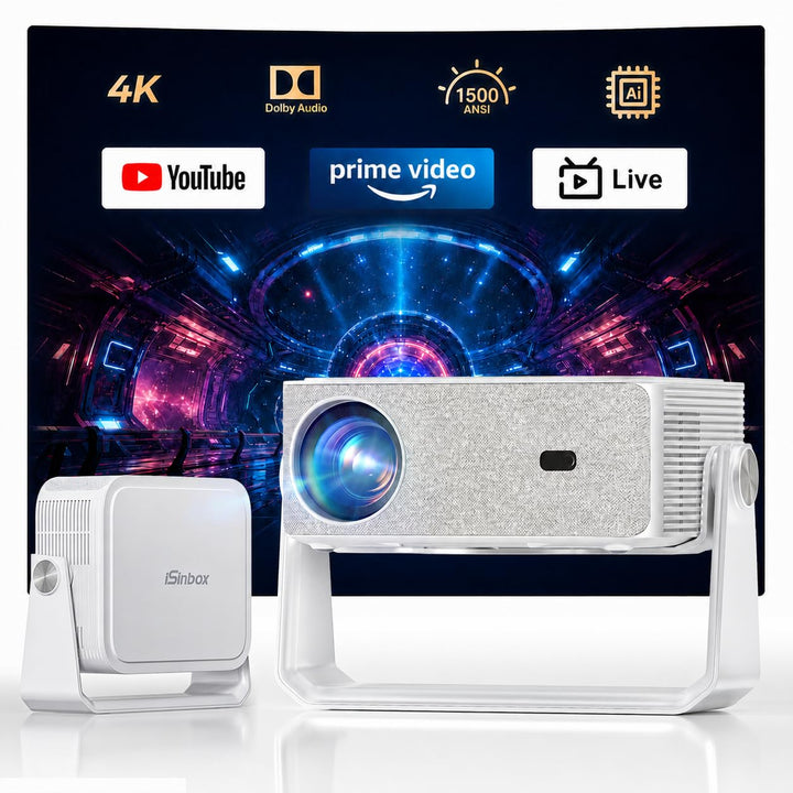 iSinbox 4K Beamer Outdoor mit Netflix, 2x20W Dolby &amp; DTS, HDR10+, WiFi 6 Weissgrau, Weissgrau