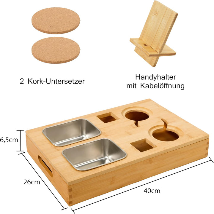 Zedelmaier Couchbar Snackbox aus Bambus, Couch Bar Snackbar mit 2 Snackschalen, 2 Getränkehalter mit