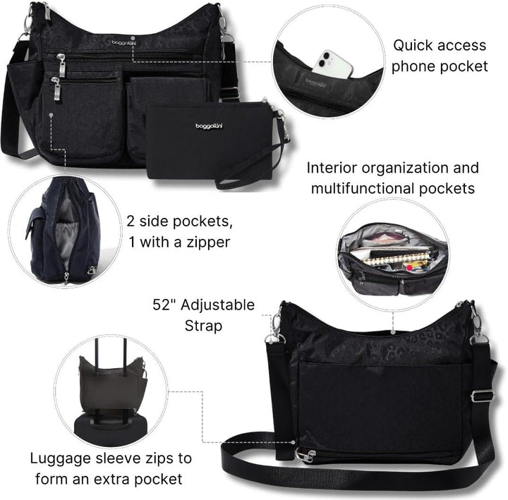 Baggallini Moderne Everywhere Bag - Hobo Crossbody Taschen für Damen mit RFID Geldbörse Schwarze Gep