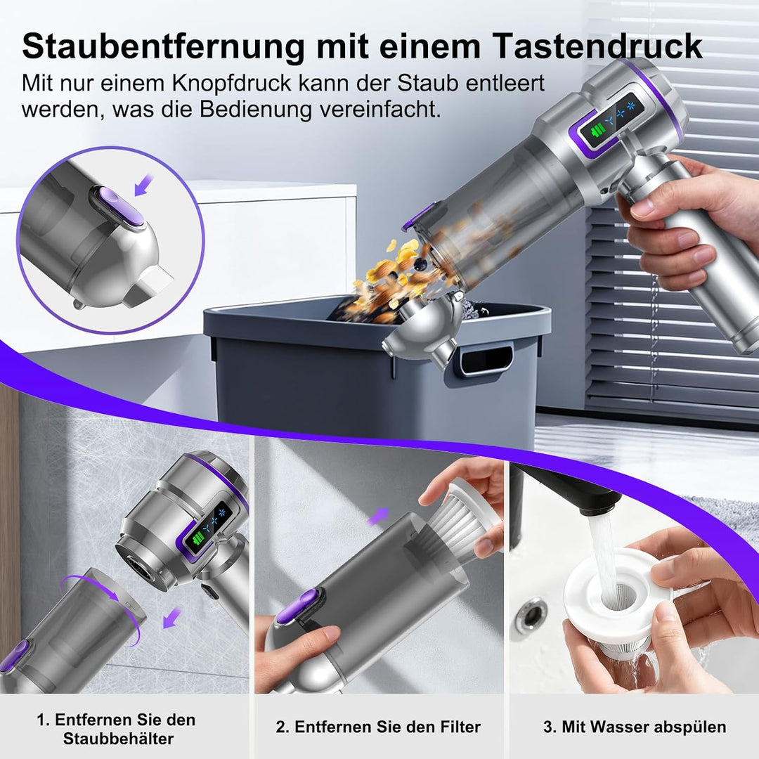 Handstaubsauger, 25000Pa Handstaubsauger Akku, 4 in 1 Stark Auto Staubsauger mit 1-Knopf Selbstentle